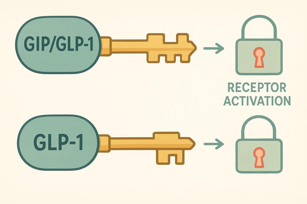 An illustration comparing the mechanisms of Mounjaro and Ozempic. Mounjaro is represented by a dual-acting GIP/GLP-1 key, shown with two distinct notches, fitting into a lock labeled 'RECEPTOR ACTIVATION'. Ozempic is represented by a single-acting GLP-1 key, with one notch, also fitting into a similar lock. This visual metaphor illustrates Mounjaro as a dual agonist and Ozempic as a single agonist.