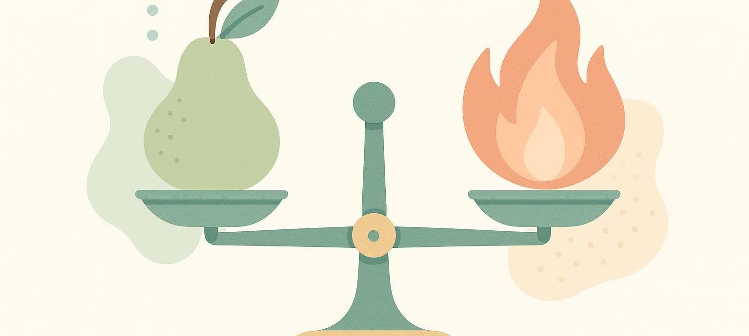 An illustration of a green balancing scale with a light green pear on the left and an orange-red flame on the right, against a light beige background.