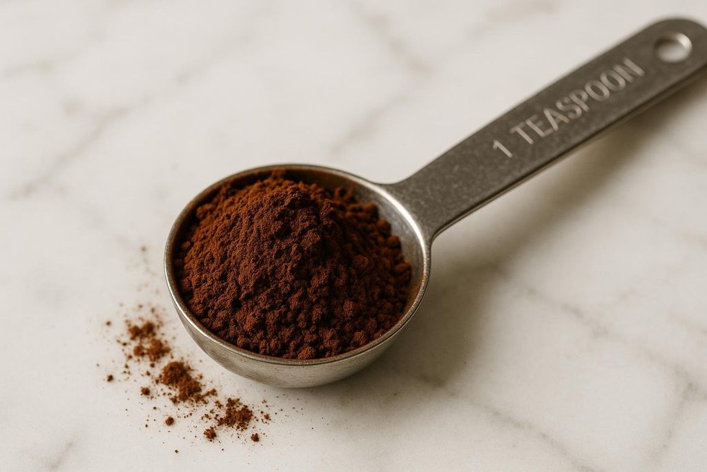 A close-up shot of a silver measuring teaspoon overflowing with dark brown, finely ground maca powder, with some powder spilled onto the white marbled surface beside it. The handle of the spoon is visible, showing the engraved text '1 TEASPOON'.
