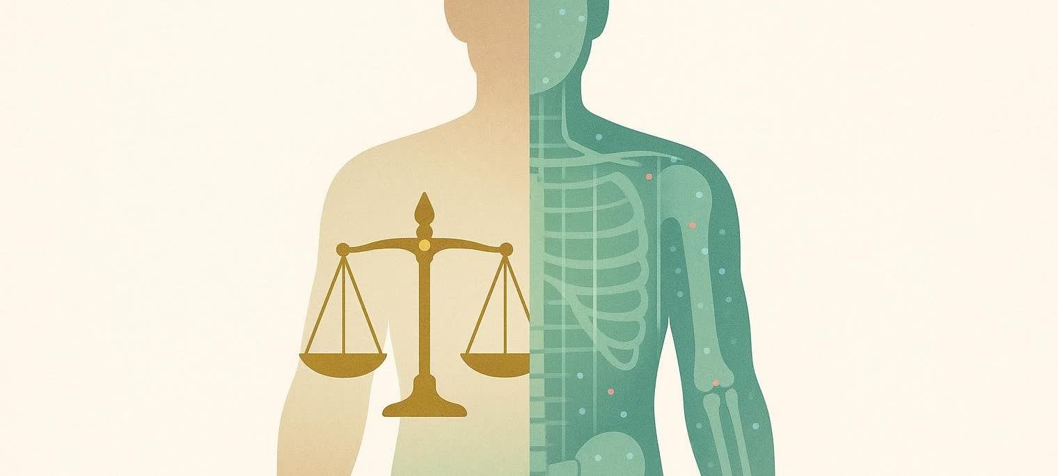 An illustration comparing an analog balance scale within a human silhouette on the left, representing older body fat testing methods, with a translucent digital-looking human body showing skeletal and vascular systems on the right, representing modern digital alternatives for body fat testing.