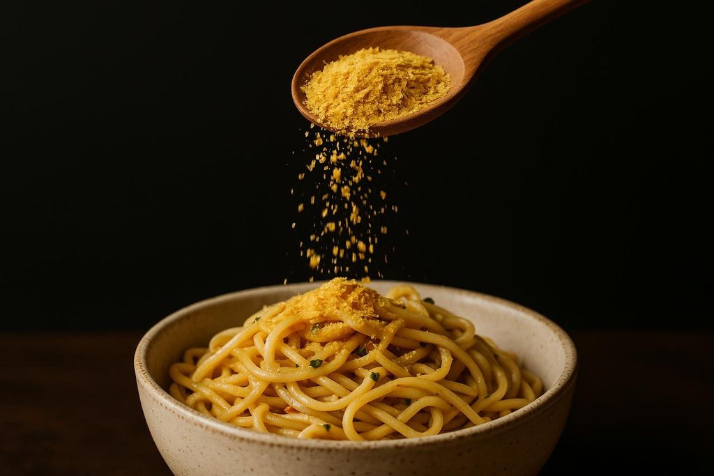 A wooden spoon sprinkles yellow nutritional yeast flakes over a bowl of vegan pasta with a dark background.