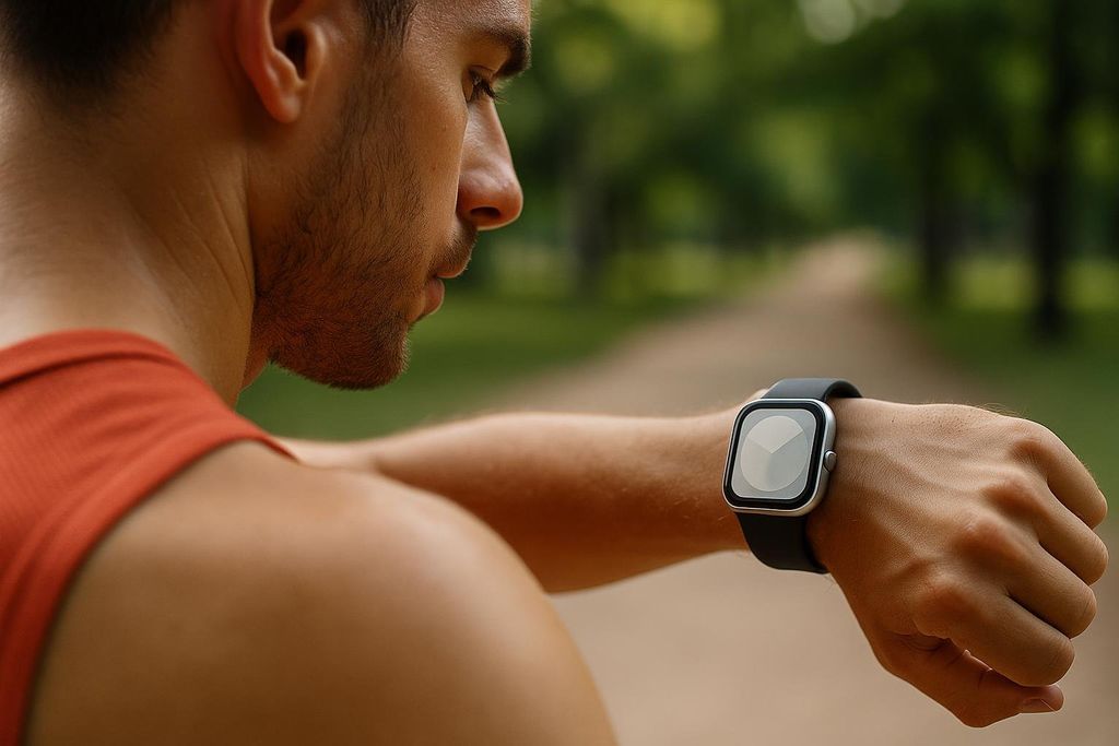 A man in a reddish-orange tank top checks his smartwatch during an outdoor workout on a path with trees in the background. The smartwatch has a silver casing and a black band, with a blank screen.