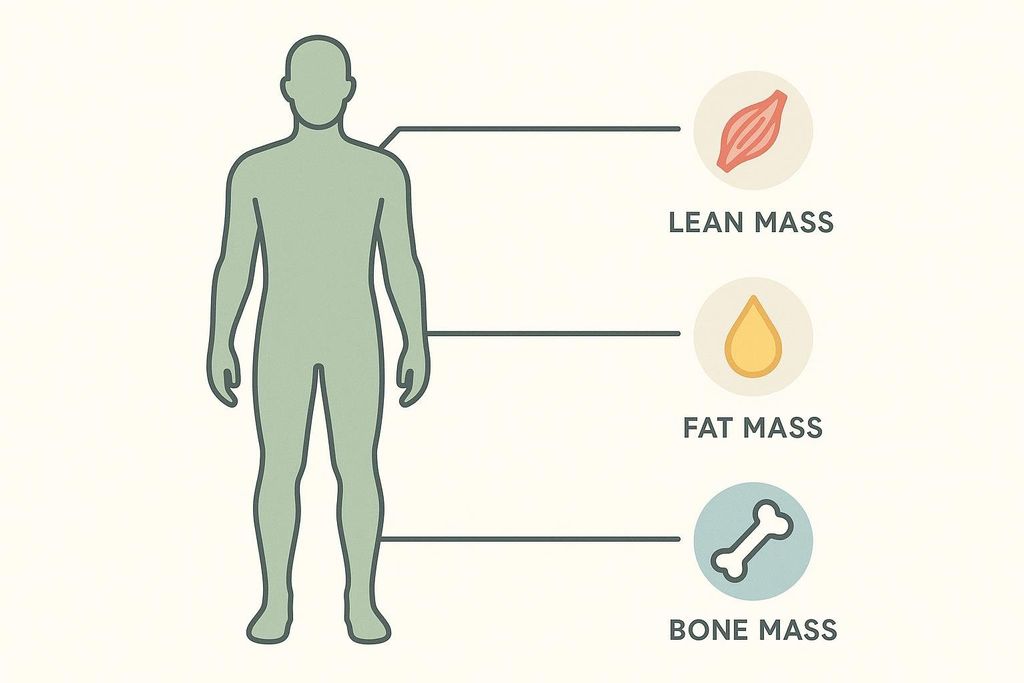 An illustration showing a human silhouette with lines pointing to icons and text labels for 'Lean Mass' (represented by a muscle icon), 'Fat Mass' (represented by a fat droplet icon), and 'Bone Mass' (represented by a bone icon), indicating different components of body composition.