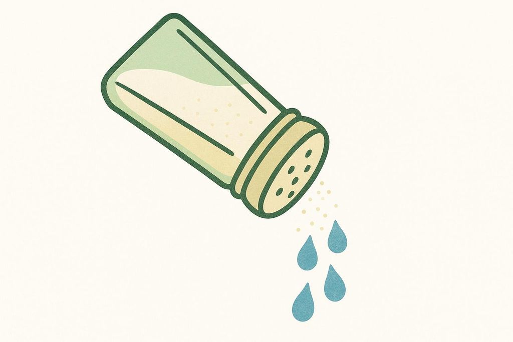 An illustration of a green and beige retro-style salt shaker, tilted to the right, with yellow salt granules pouring out and transforming into blue water droplets.