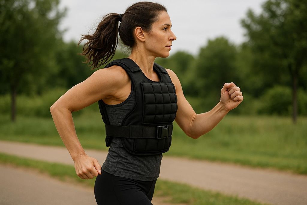 Woman walking with a weighted vest for bone health