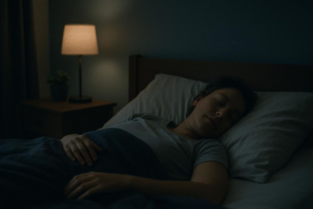 A person sleeps peacefully in a dim room, covered by a blanket. A soft lamp glows on a bedside table to their left, beside a small plant.