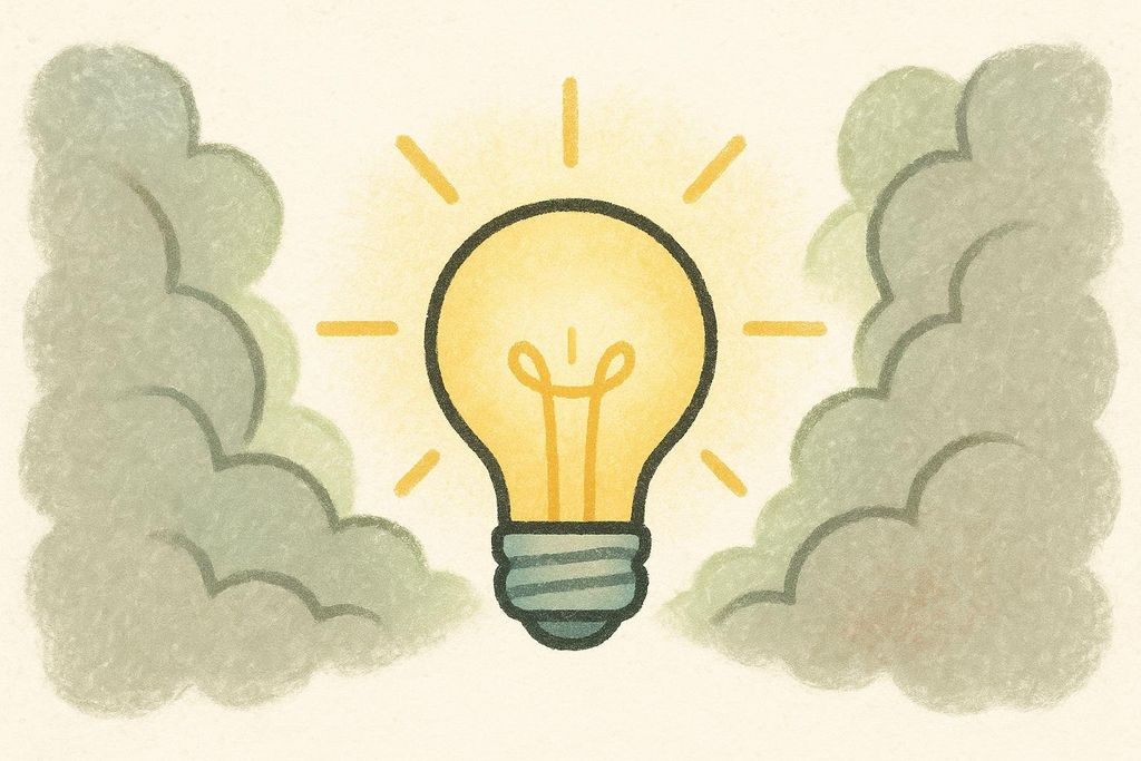 A glowing lightbulb, symbolizing clarity or an idea, is centered between two dissipating clouds of gray fog, indicating the clearing of brain fog or confusion.