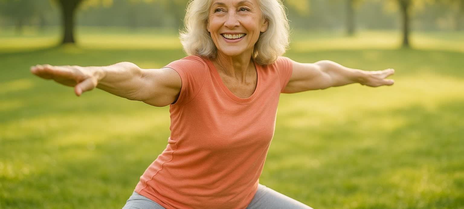 A healthy older woman with blonde hair, dressed in an orange t-shirt and grey pants, smiles while holding a warrior two yoga pose in a bright green park setting.