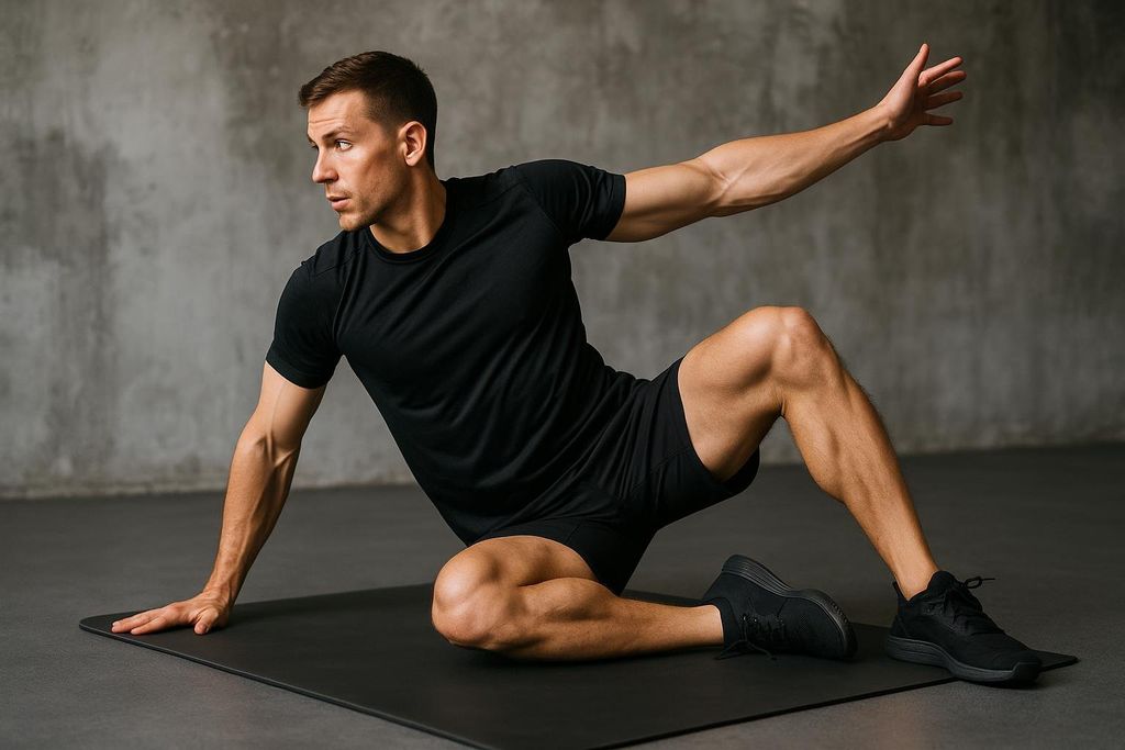 A man in black athletic wear demonstrates the 90-90 hip switch mobility drill on a black mat. He is seated with his left knee bent forward and left foot turned out, while his right leg is bent to the side with his right foot behind him. His left hand is on the mat for support, and his right arm is extended to the side, looking towards his right.