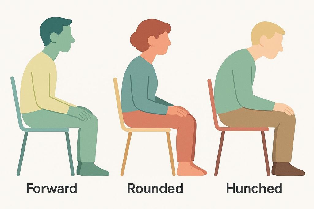 An illustration showing three figures sitting on chairs, demonstrating common poor posture patterns. From left to right: 'Forward' shows a person leaning forward with their head and shoulders; 'Rounded' shows a person with a rounded back and shoulders; 'Hunched' shows a person with a severely hunched back and head bent down.