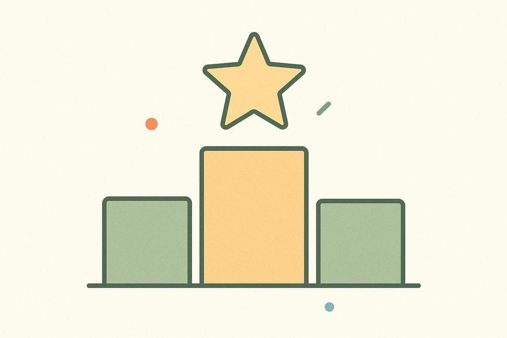 An abstract illustration of a winner's podium with three steps. A large yellow star with a dark outline is positioned above the tallest, central step, signifying first place. The two shorter steps are green, and the tallest step is orange. Small, colorful dots and dashes are scattered in the top left and bottom right corners of the light background.
