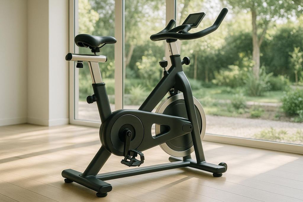 A black stationary bike with silver accents sits on a light wooden floor next to large windows overlooking a lush green outdoor area. The room is brightly lit by natural light.