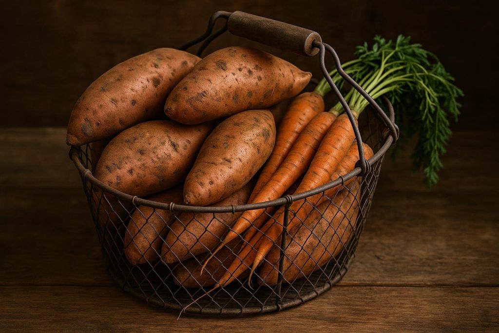 A wire basket filled with several sweet potatoes and a bunch of fresh carrots with green tops, all resting on a rustic wooden table.
