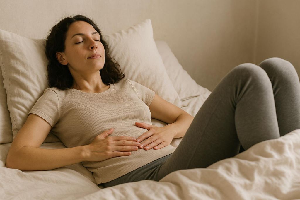 A woman lying on her back in bed with her eyes closed and hands resting on her stomach, practicing deep breathing.