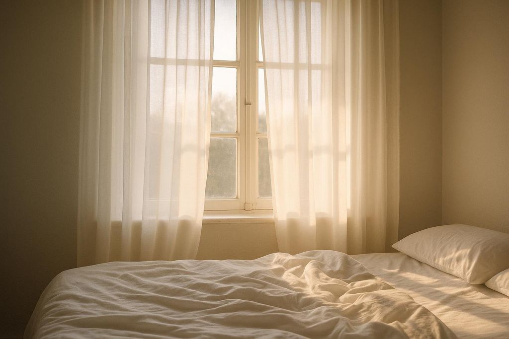 A serene bedroom scene with a bed covered in white linens, illuminated by natural morning light filtering through sheer curtains on a window.