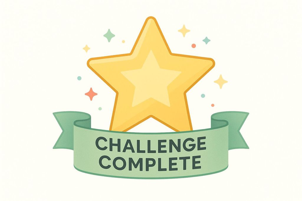 An illustration of a large golden star with sparkles around it, set behind a green banner that reads 'CHALLENGE COMPLETE' in dark green letters.