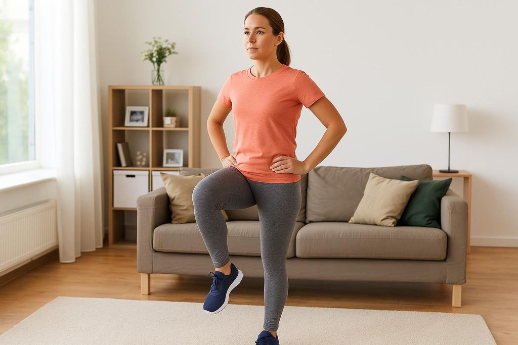 A woman stands on one leg with her hands on hips, looking forward, as she performs a 30-second balance self-test in a living room.