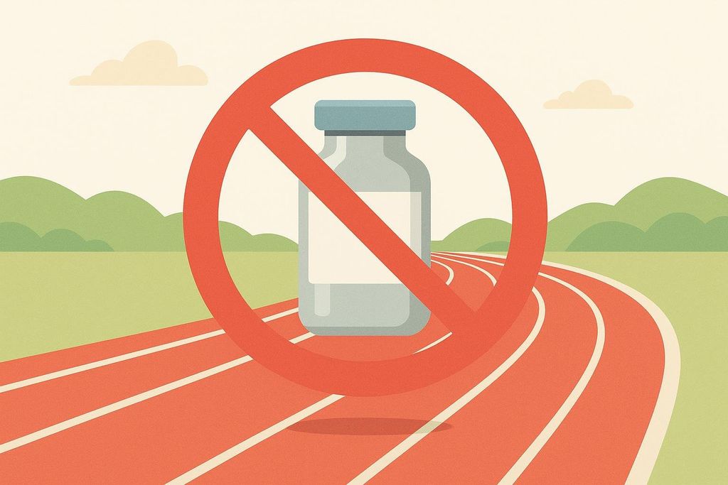 An illustration of a medicine vial with a red prohibited symbol over it, set on a running track with hills in the background. This symbolizes a ban on performance-enhancing drugs in sports.