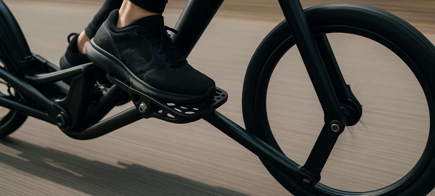 A close-up of a person's foot in a black sneaker on the platform pedal of an elliptical bicycle. The black frame and parts of the wheel are visible against a blurred paved road surface.