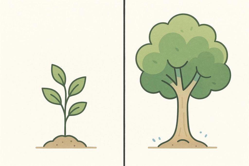 An illustration in two panels, showing a small sapling on the left growing into a lush green tree on the right, symbolizing growth or improvement over time.