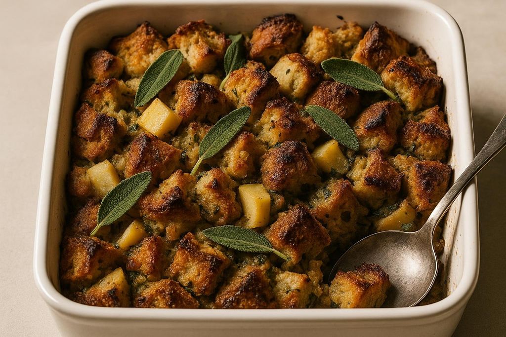A baking dish of apple-sage sourdough stuffing with a crispy, golden-brown top, garnished with fresh sage leaves, and a serving spoon on the right side.