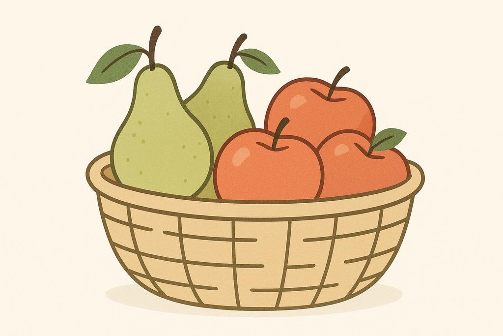 An illustration of a light brown woven basket filled with two green pears and three red apples, set against a light cream background.