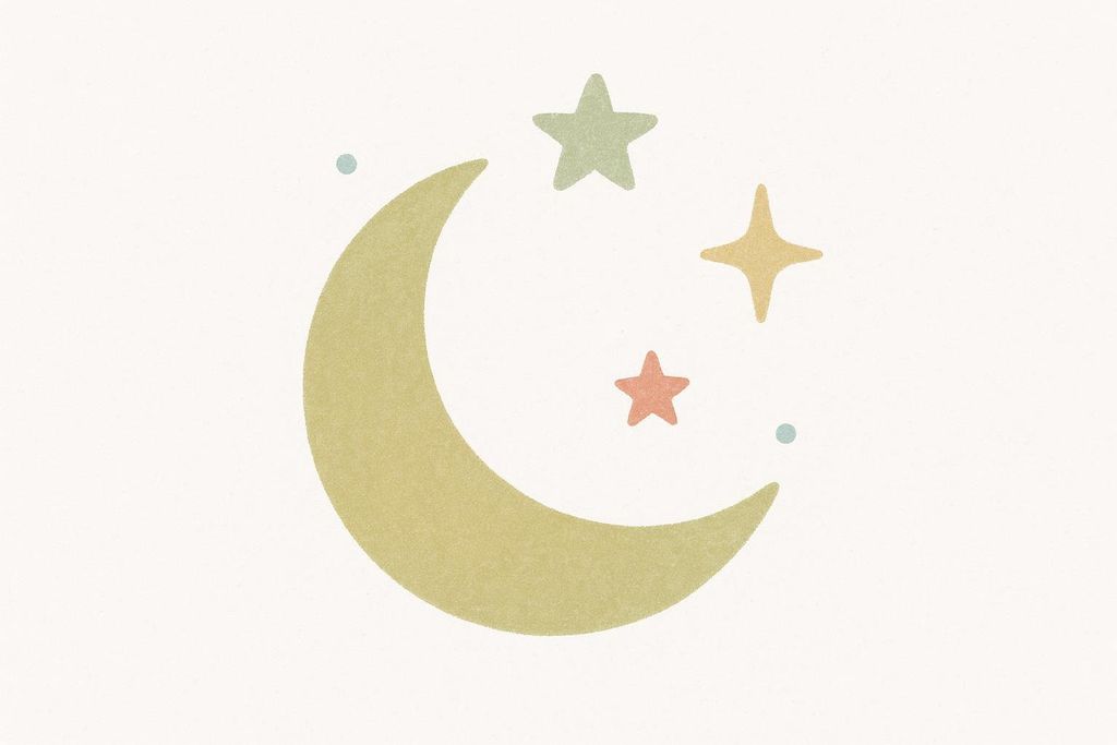 An illustration of a crescent moon in a muted yellow-green hue, surrounded by three stars of varying shapes and sizes in soft green, orange, and peach colors, with two small blue dots also present. The background is an off-white, textured surface.