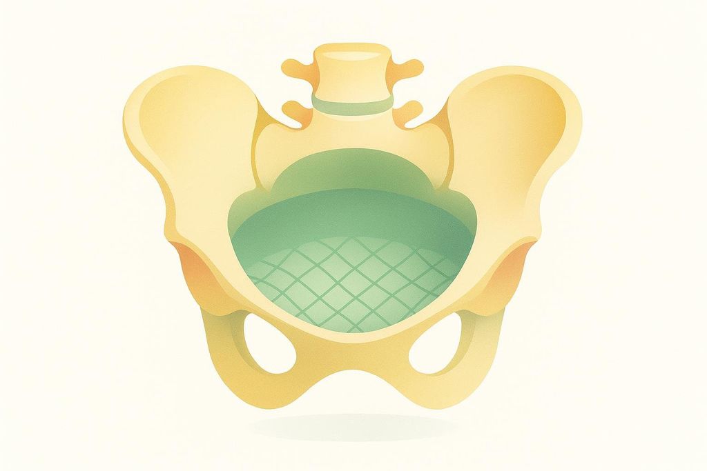 An abstract illustration of a human pelvic bowl, depicted in a golden-yellow hue, with a green, cross-hatched pattern resembling a hammock suspended within its central cavity. The image is set against a plain, light background.