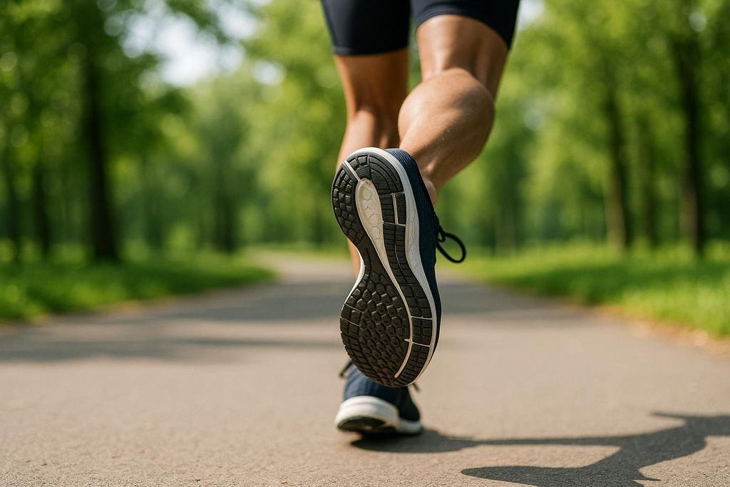 Close-up of a person's legs and feet as they run on a paved path outdoors. The sole of the running shoe is visible, and the background shows blurred green trees.