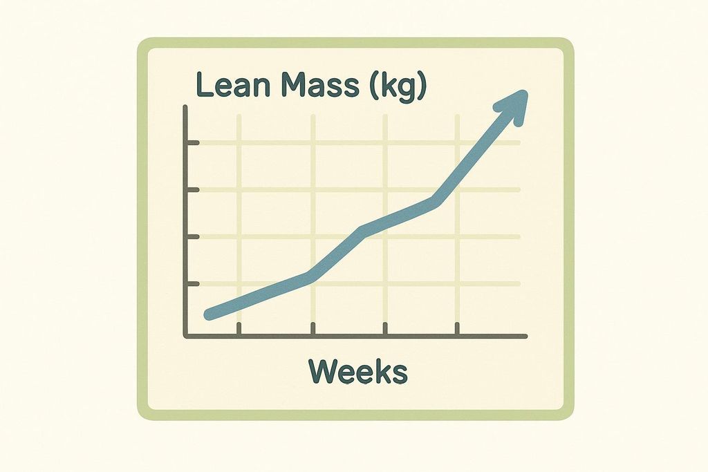 Vector line chart showing lean mass (kg) increasing over weeks. The x-axis is labeled 'Weeks' and the y-axis is labeled 'Lean Mass (kg).' A blue line with an upward-pointing arrow indicates growth in lean mass over time.