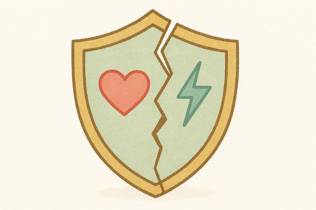 A stylized cracked shield icon is depicted. On the left side of the crack is a red heart symbol, and on the right side is a turquoise lightning bolt symbol. The shield has a light green fill and a golden-brown outline, all set against a cream-colored background.
