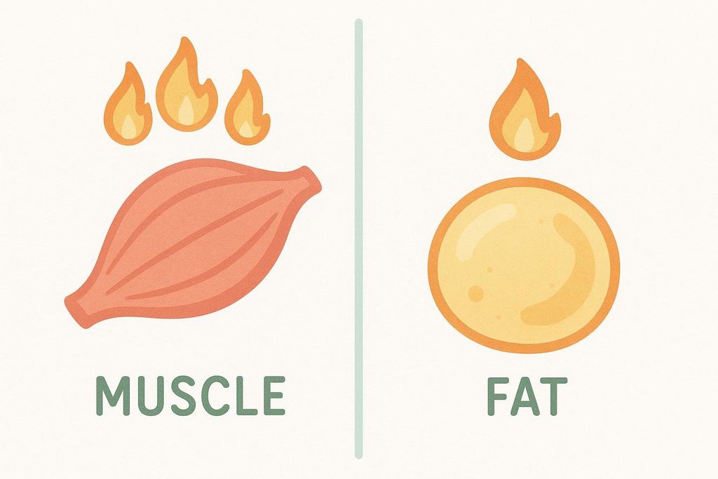 Illustration showing a muscle icon with three flames above it labeled 'MUSCLE' and a fat cell icon with one flame above it labeled 'FAT'. This indicates that muscle burns more calories than fat.