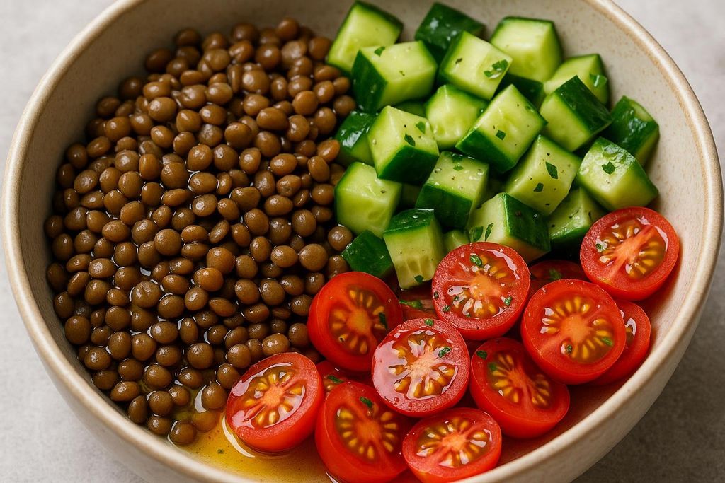 A close-up view of a bowl of lentil salad with separate sections of cooked brown lentils, diced cucumbers with herbs, and halved cherry tomatoes, all in a light dressing.