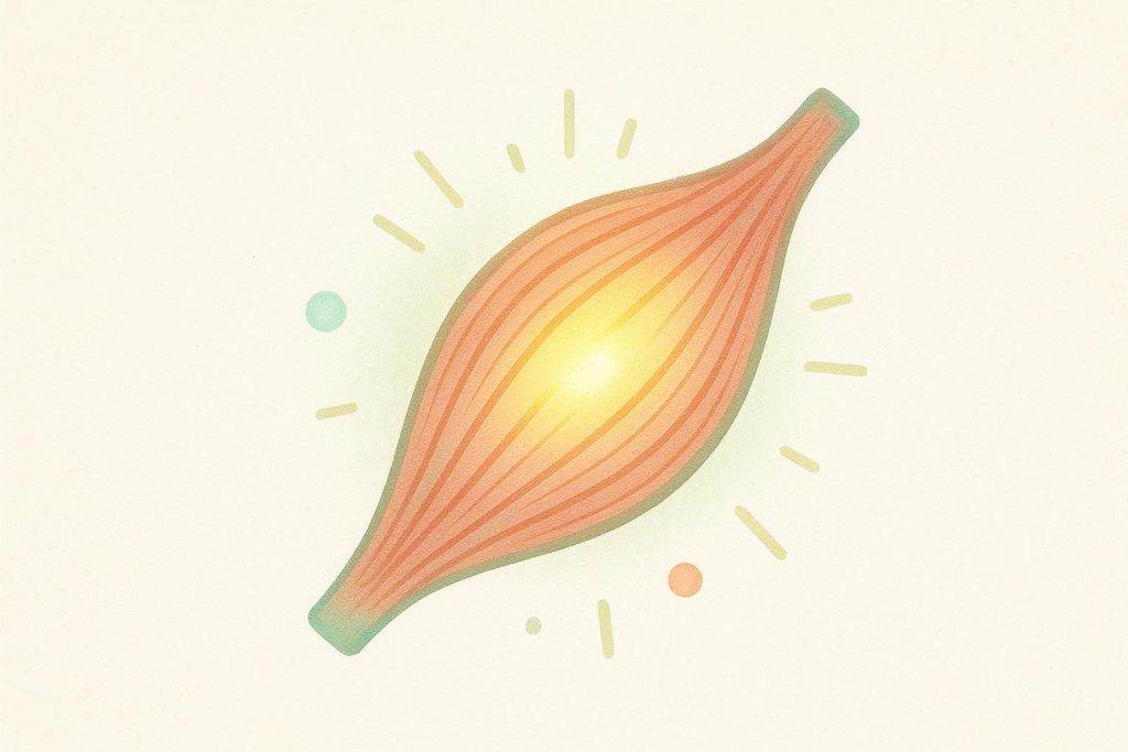 An abstract, stylized illustration of a muscle fiber, depicted in shades of red and green, with a bright yellow glow emanating from its center. Dash and dot shapes radiate from the muscle, suggesting energy or activity, all against a textured, light beige background.