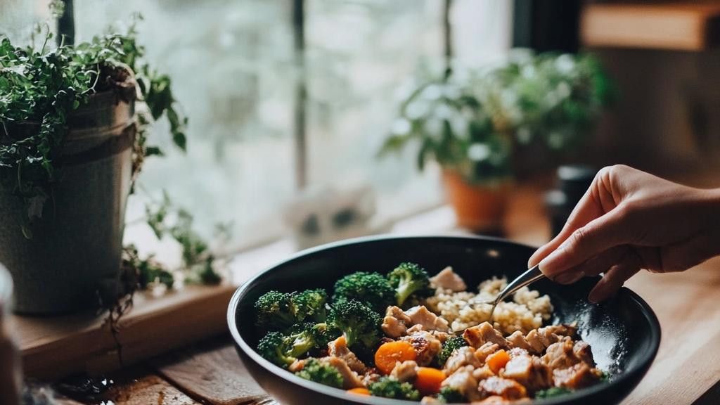 Close-up of a hand picking up a piece of chicken from a bowl filled with stir-fry containing chicken, broccoli, carrots, and rice. There are plants in the background in front of a window.