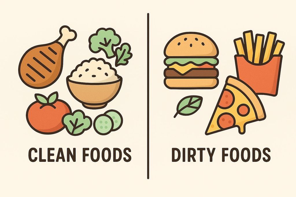 A two-panel illustration comparing 'Clean Foods' and 'Dirty Foods'. The 'Clean Foods' side shows a chicken drumstick, a bowl of rice, broccoli, tomatoes, and sliced cucumbers. The 'Dirty Foods' side displays a hamburger, french fries in a red carton, a green leaf, and a slice of pepperoni pizza.