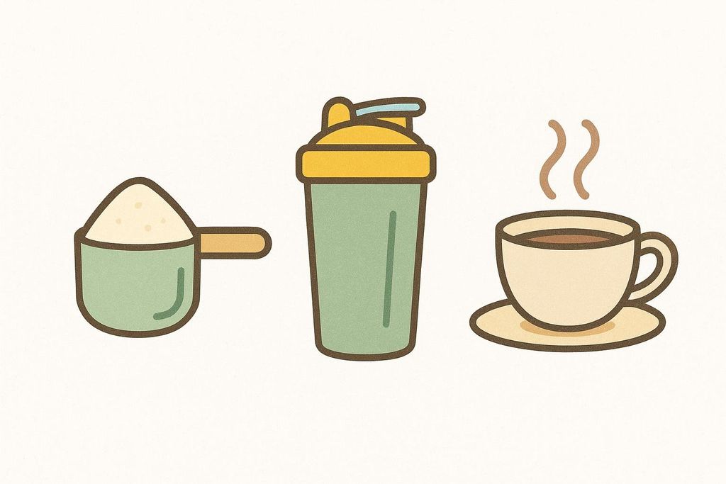 Icons representing workout supplements and a hot beverage: a scoop of powder, a protein shaker, and a steaming cup of coffee.