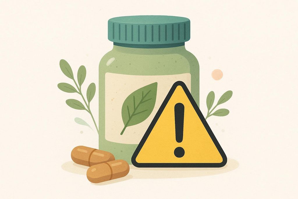 An illustration of a green supplement bottle with a leafy design, two brown pills, and a yellow warning sign with an exclamation mark, symbolizing potential risks of supplements or DIY health remedies.