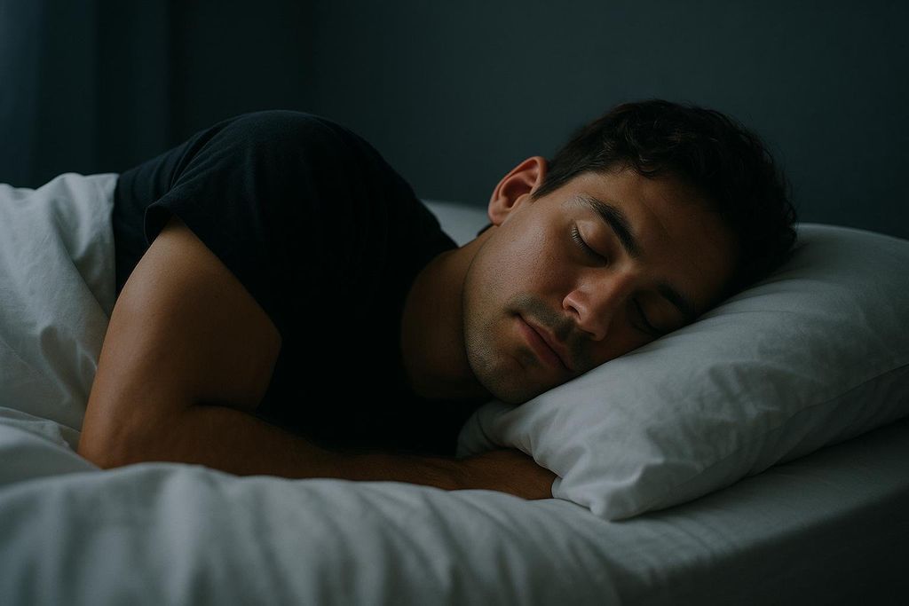 A young man with short dark hair and a black t-shirt is sleeping on his side in a dimly lit room. His face is relaxed, eyes closed, resting on a white pillow with a white sheet covering him. The image suggests peaceful rest and recovery.