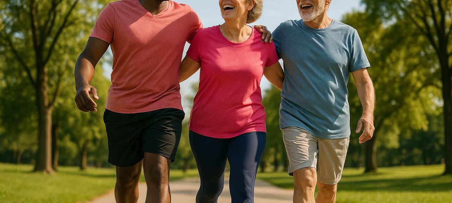 Three friends of diverse ages and backgrounds, two men and one woman, walk together and laugh in a sunny park with green trees and a clear path.