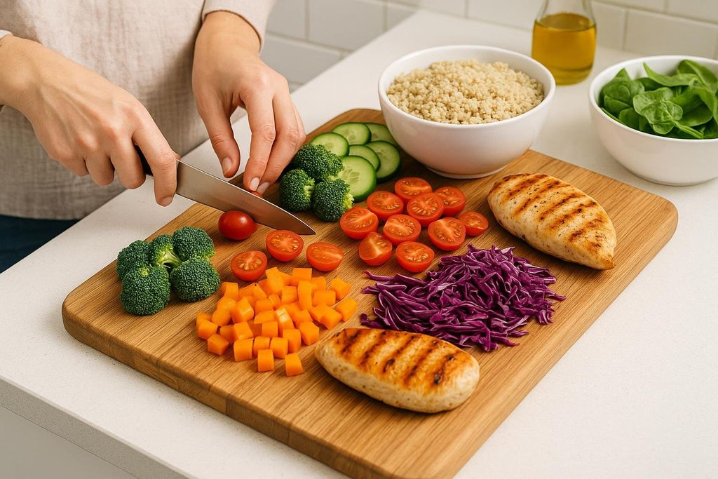 A person is slicing cherry tomatoes on a wooden cutting board, surrounded by various fresh vegetables, grilled chicken breasts, and two bowls containing quinoa and spinach, illustrating a healthy meal preparation suitable for reversing prediabetes.
