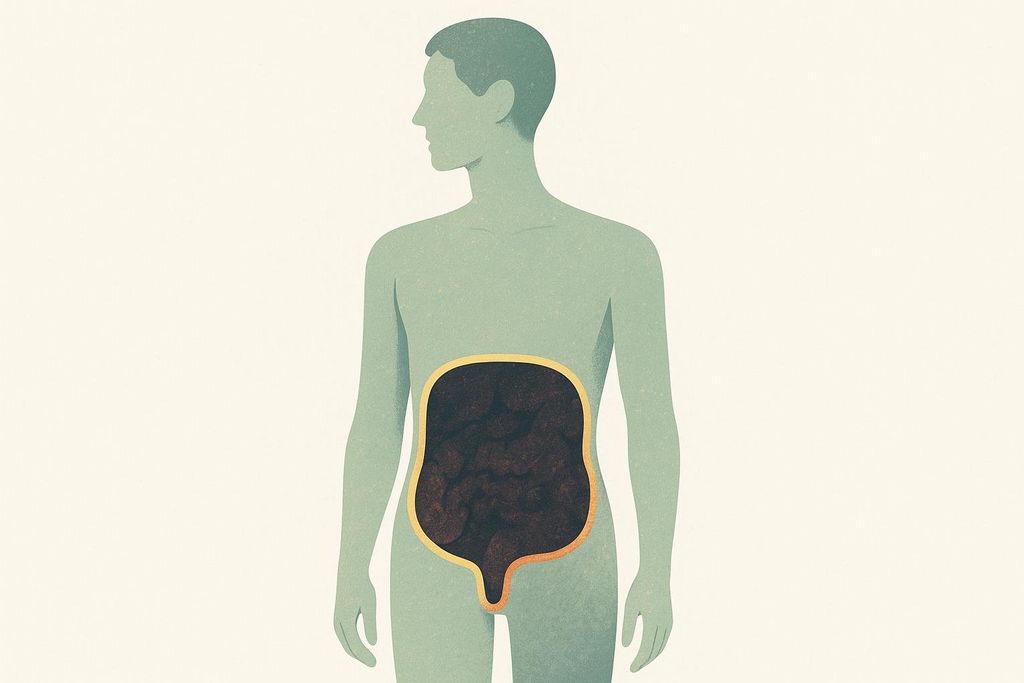 Illustration of a person with a slim silhouette, highlighting a large, unhealthy internal abdominal area filled with dark matter.