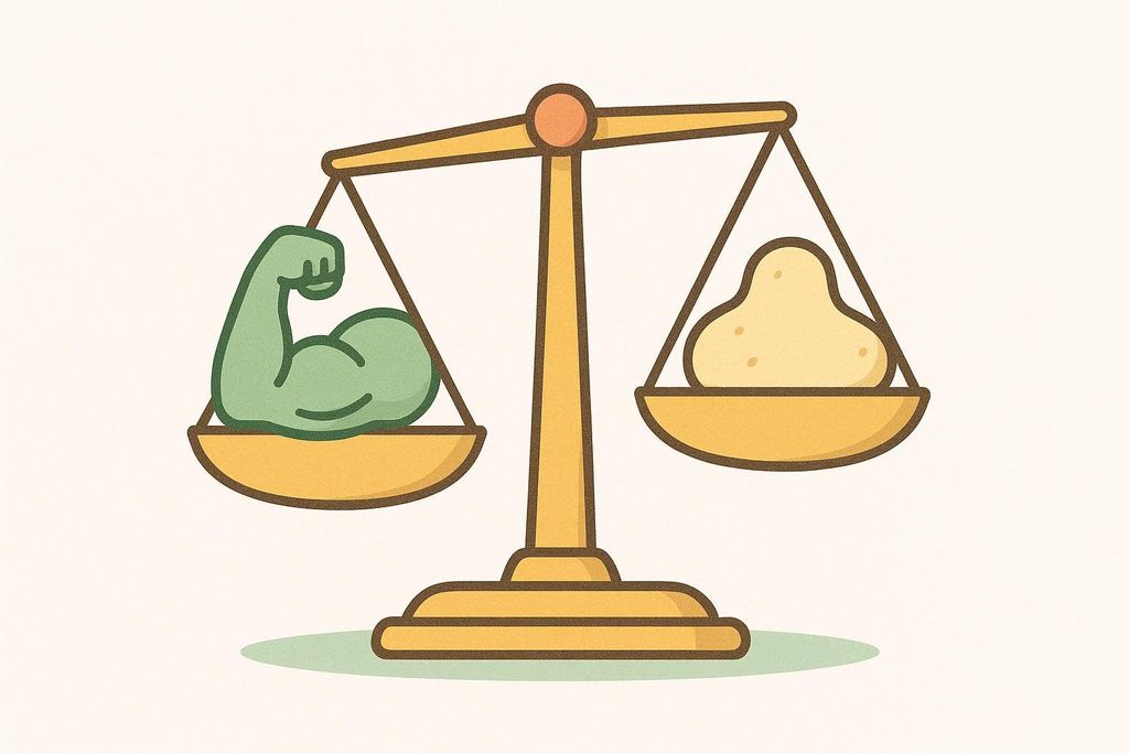 An illustration of a balance scale with a green cartoon bicep on one side, and a lumpy yellow shape (representing fat) on the other. The bicep side is slightly lower, indicating it outweighs the fat, suggesting the importance of muscle over fat.