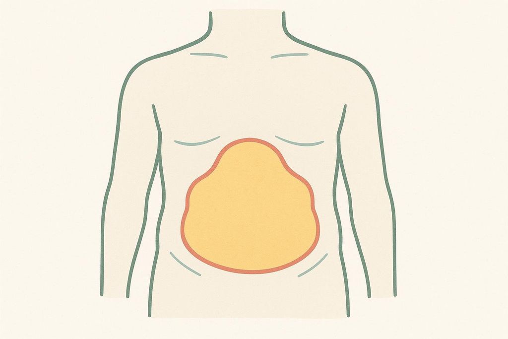 An illustration showing a human torso from the chest to the waist. A yellow, irregular shape outlined in orange is centered on the abdomen, representing the location of visceral fat.