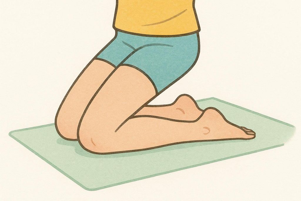 Illustration of a person kneeling on a light green yoga mat, with their shins flat on the mat and feet extended backward. The person is wearing a yellow top and turquoise shorts.
