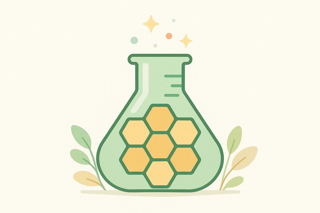 A stylized illustration of a light green beaker filled with a golden honeycomb pattern, surrounded by small green and tan leaves at the base. Small sparkles and dots float above the beaker.