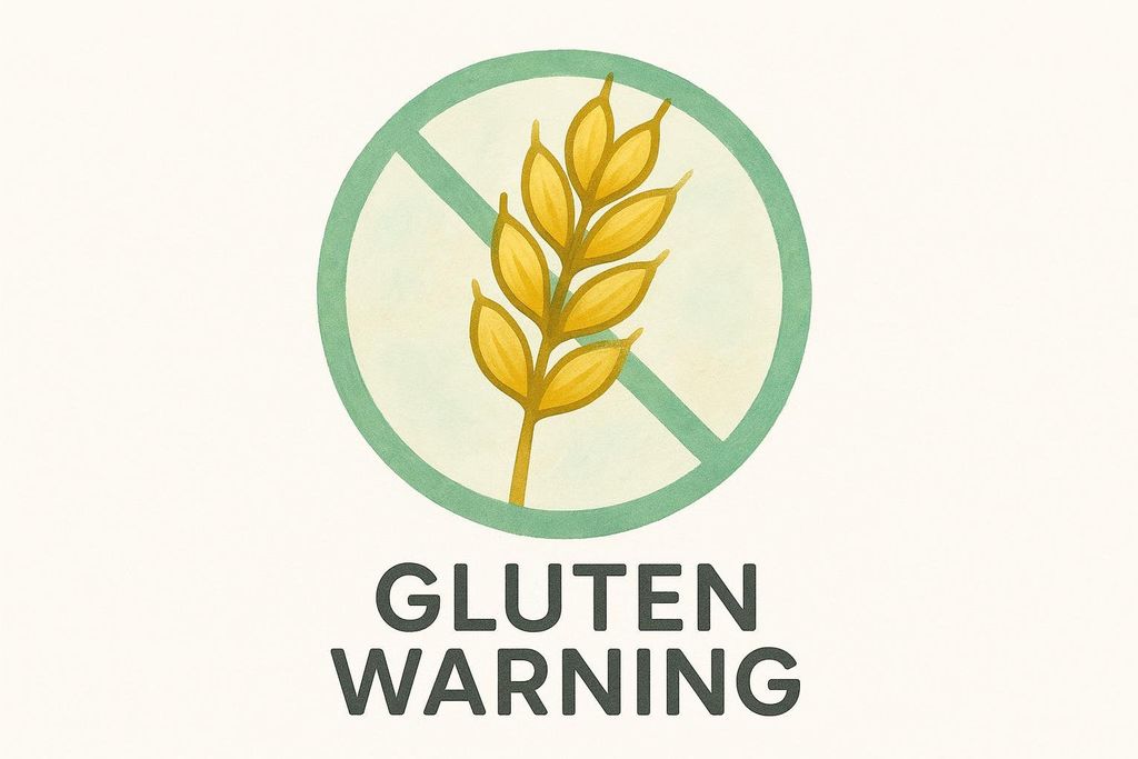 An illustration of a wheat stalk inside a green circle with a diagonal line through it, indicating 'no gluten'. Below the icon, the words 'GLUTEN WARNING' are written in bold, dark gray letters on a light beige background.
