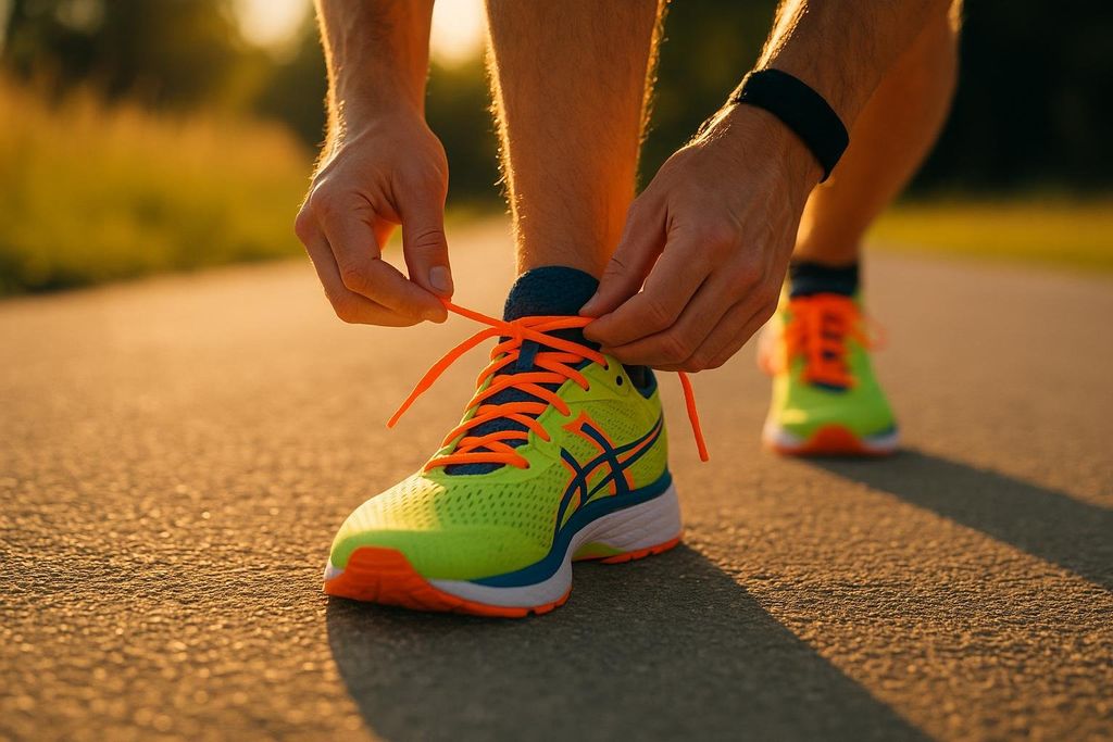 Hands lacing up bright running shoes outdoors in morning light