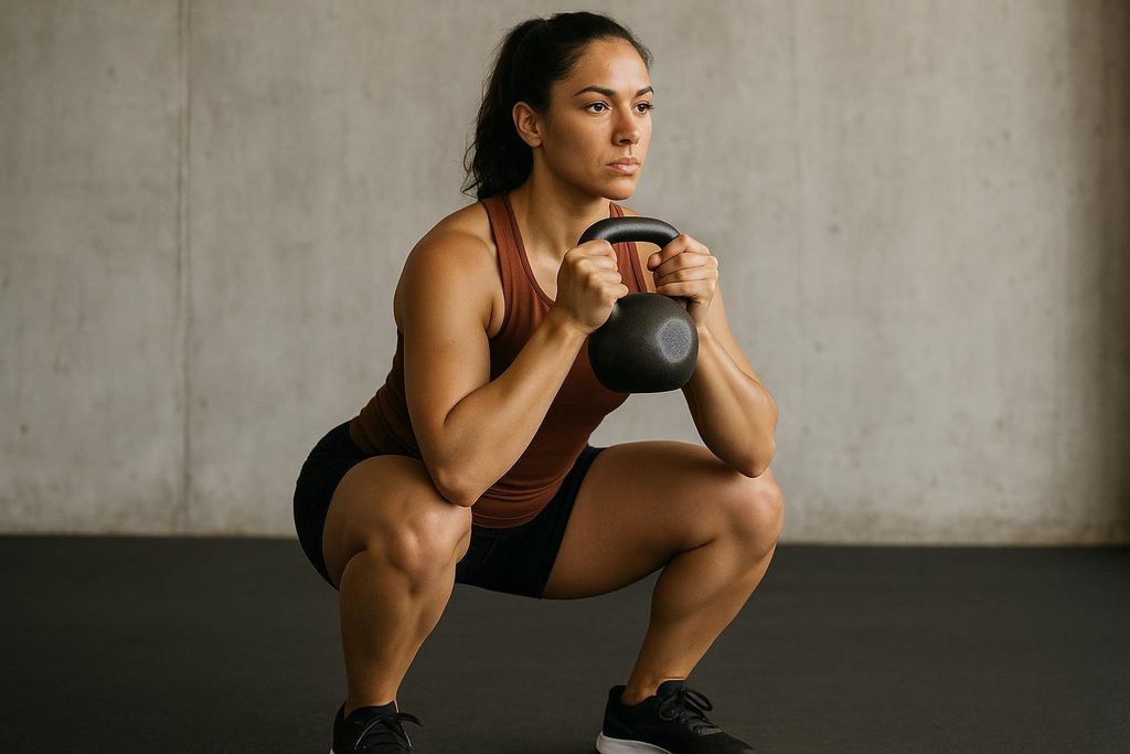 A woman with dark hair tied back, wearing a brown tank top and black shorts, performs a goblet squat in a gym. She is holding a black kettlebell with both hands against her chest and looking straight ahead with focused expression.