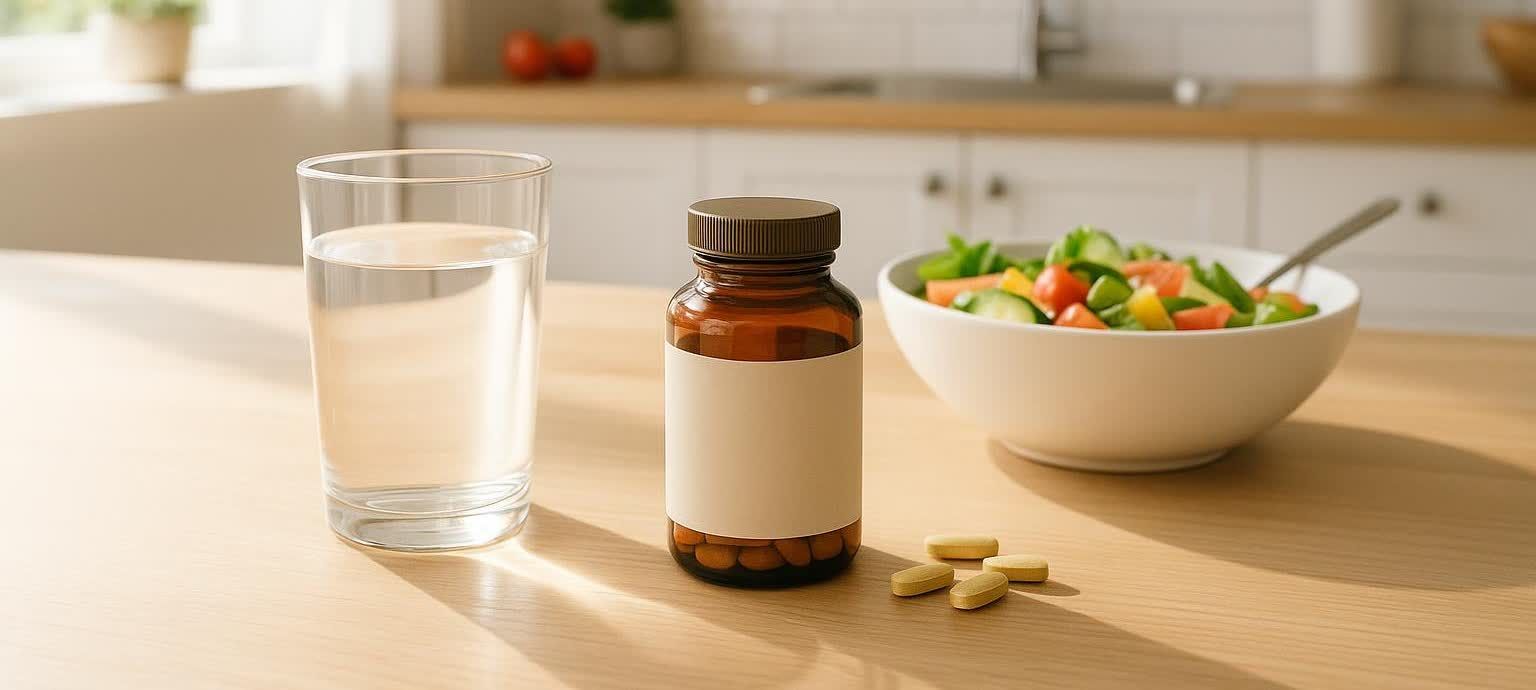 A kitchen counter with a glass of water, a bottle of supplements, and a bowl of fresh salad, suggesting a healthy and holistic approach to gut health through diet and supplementation.